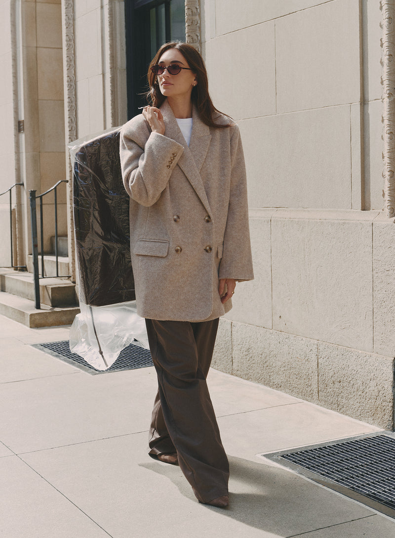 Oatmeal Longline Double Breasted Oversized Blazer- Floriana