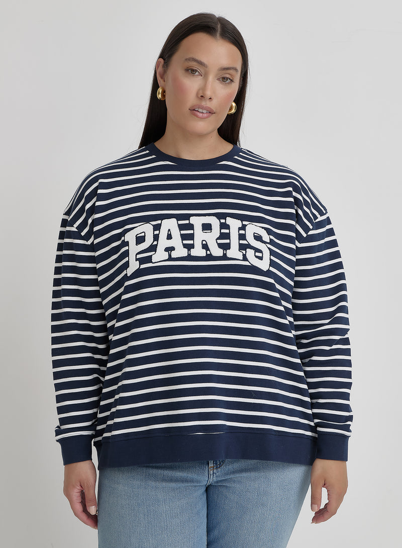 White And Navy  Plus Size Striped Paris Sweatshirt- Anni