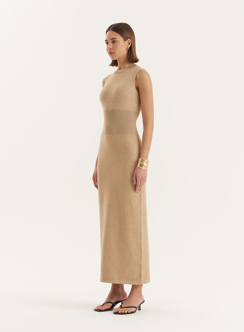 Beige Sleeveless Knitted Maxi Dress- Dai