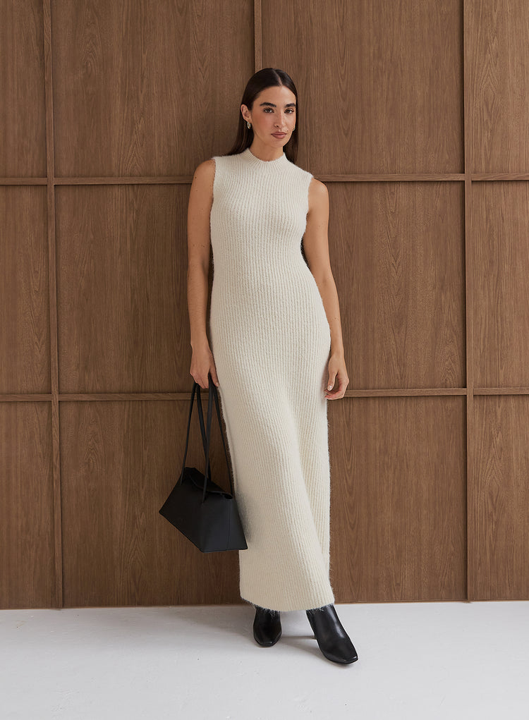 Beige High Neck Knitted Sleeveless Dress- Gillian