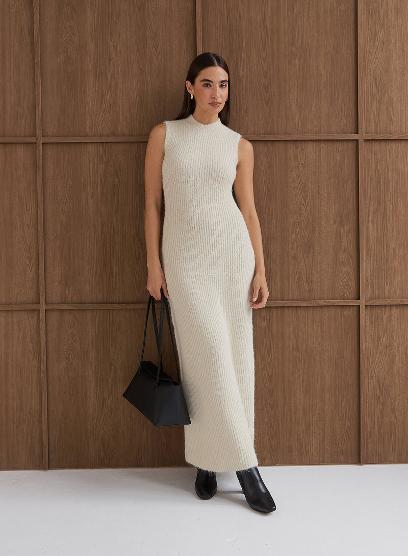 Beige High Neck Knitted Sleeveless Dress- Gillian