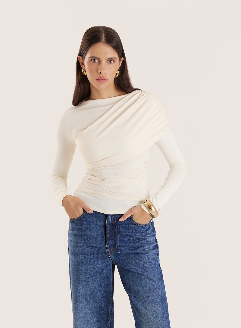 Off White Long Sleeved Drape Top- Cassian