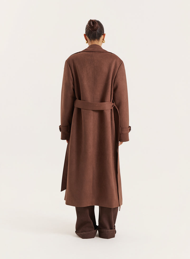 Brown Faux Suede Belted Trench Coat- Wallace
