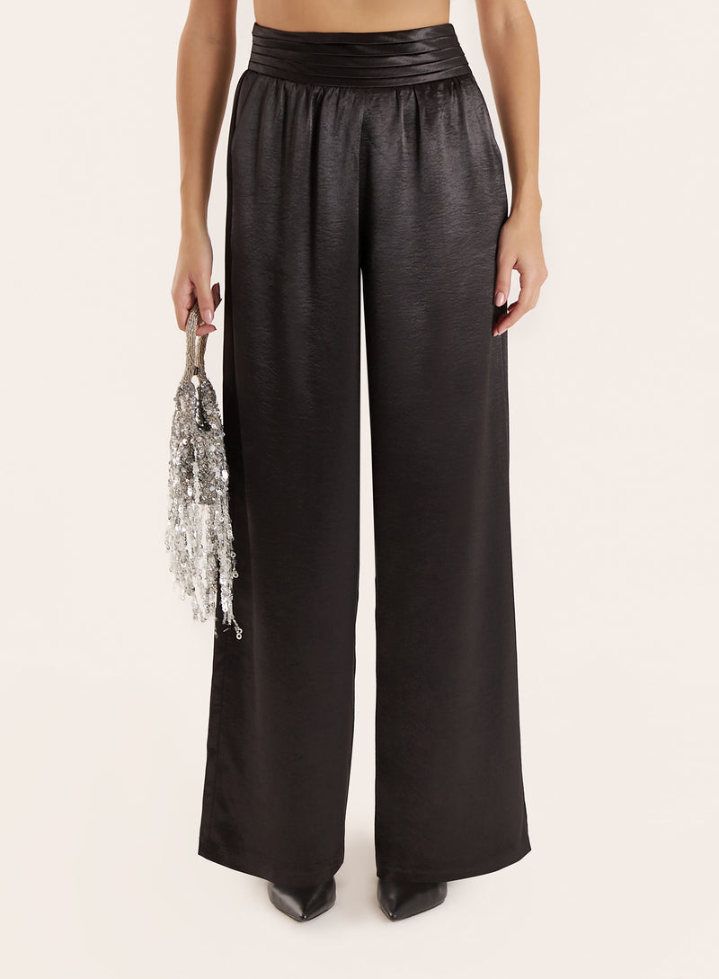 Black Pleated Waistband Wide Leg Satin Trousers- Francoise