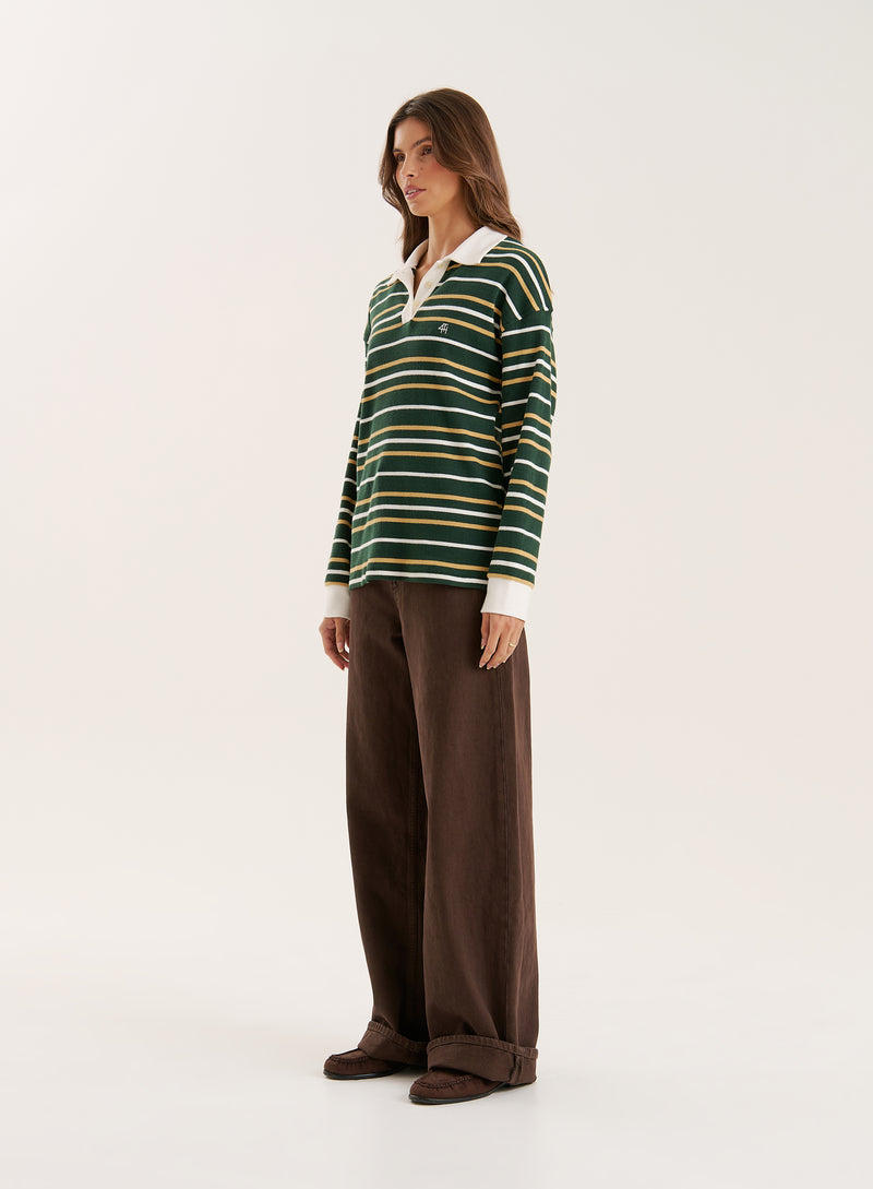 Green Striped Contrast Collar Rugby Top- Chelsea