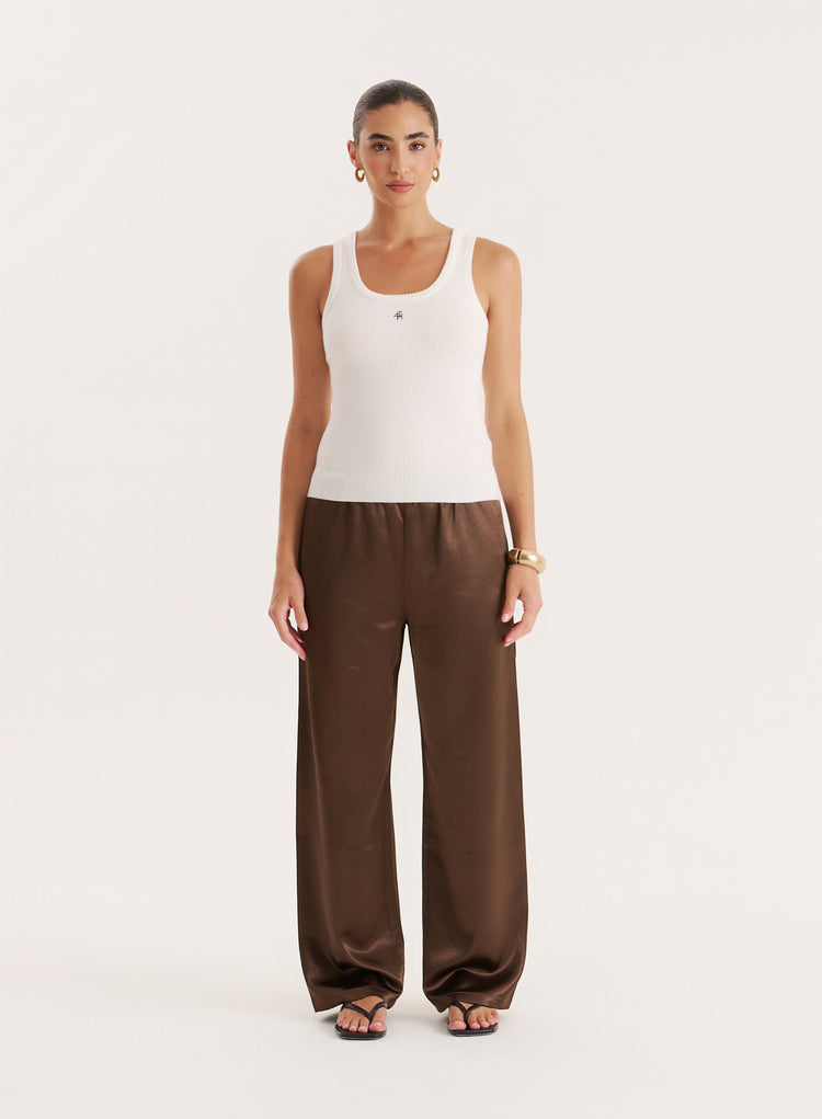 Chocolate Satin Elasticated Waist Wide Leg Trouser- Shelby
