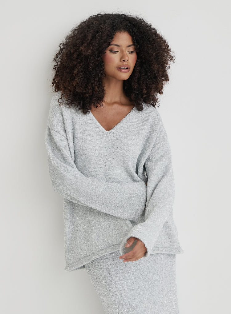 Silver Tinsel Knit V Neck Jumper- Ennis