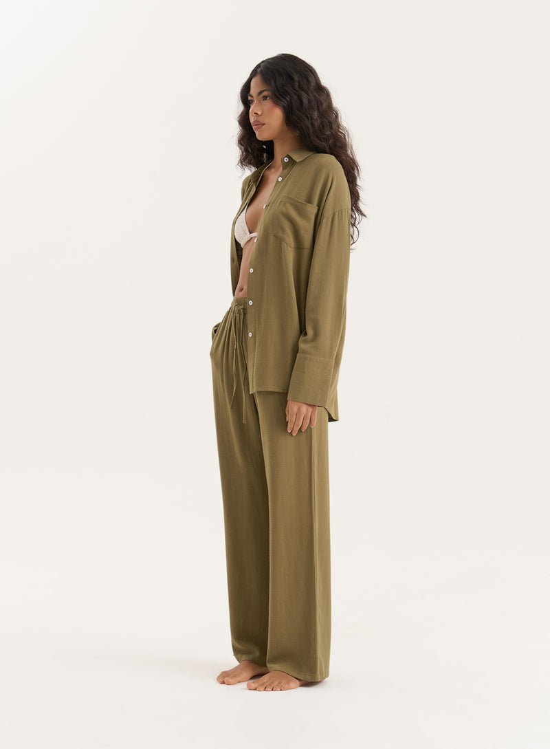 Olive Linen Blend Oversized Shirt- Anna