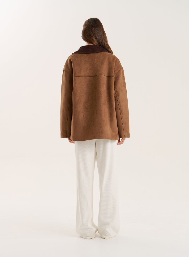Brown Contrast Collar Faux Suede Barn Shacket