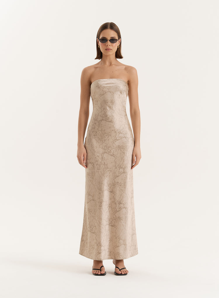 Beige Print Bandeau Satin Maxi Dress- Shona