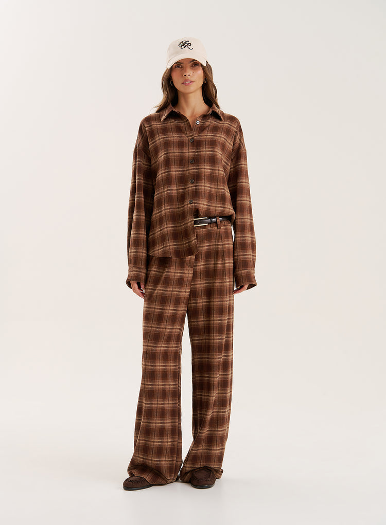 Brown Check Print Straight Leg Trousers - Tove