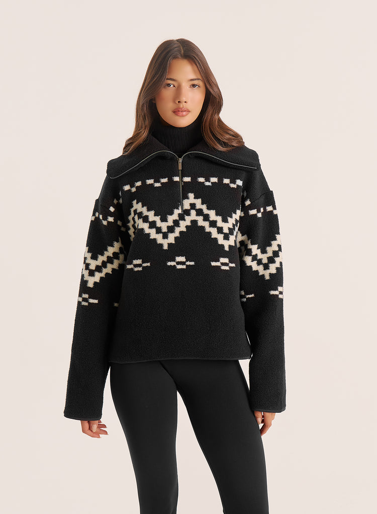 Black Half Zip Oversized Collar Fairisle Jumper