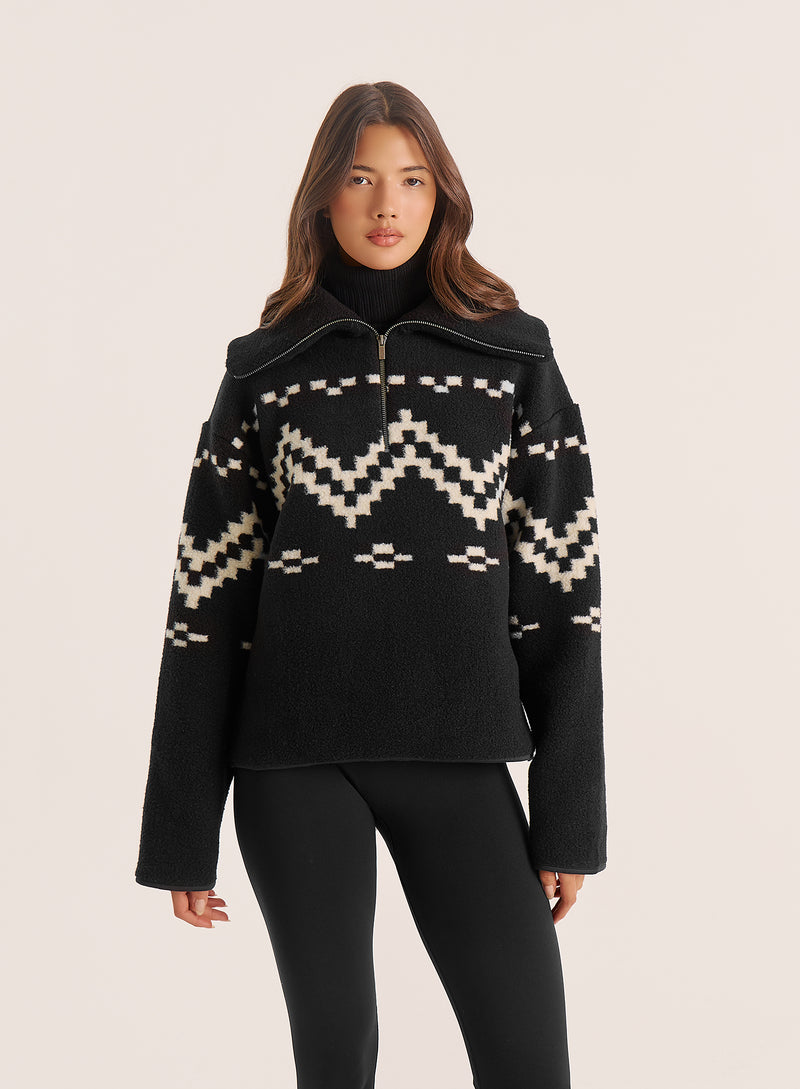 Black Half Zip Oversized Collar Fairisle Jumper