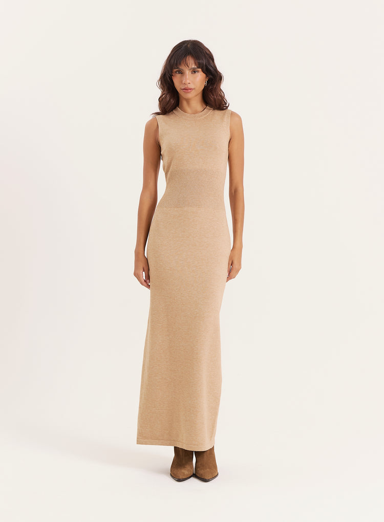 Beige Sleeveless Knitted Maxi Dress- Dai