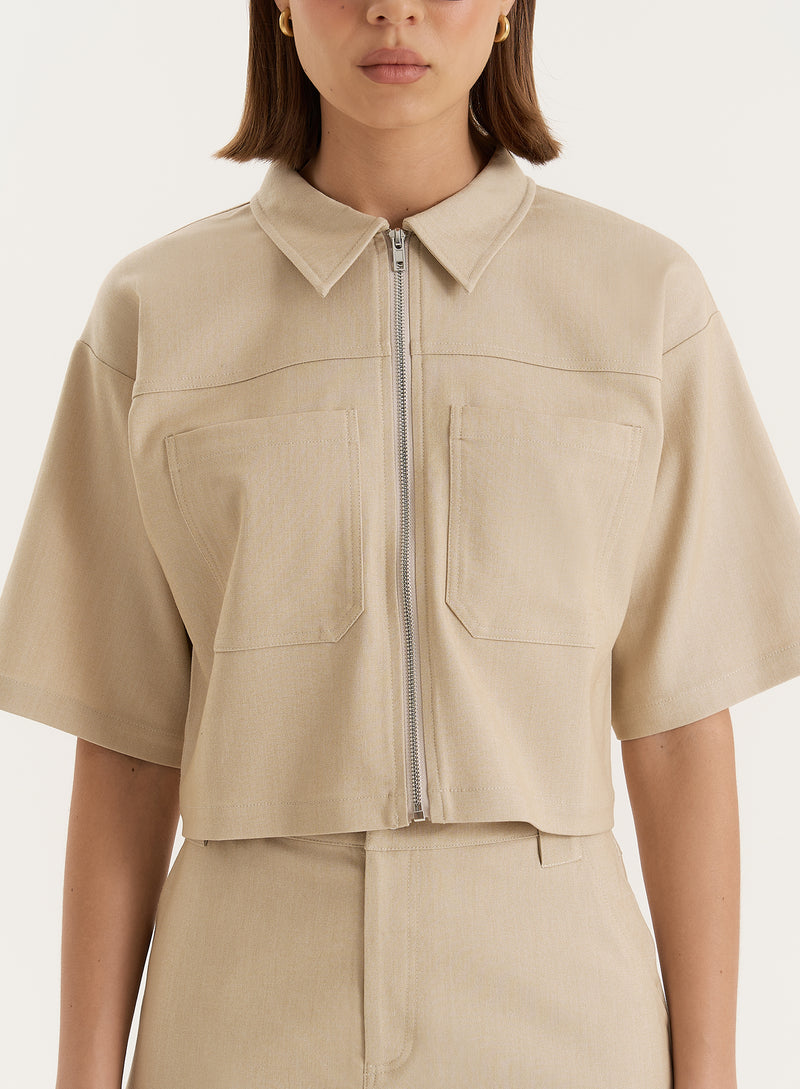 Beige Cropped Tailored Zip Through Shirt- Miley