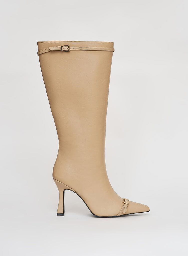 Beige Buckle Front Knee High Boots- Mayfair