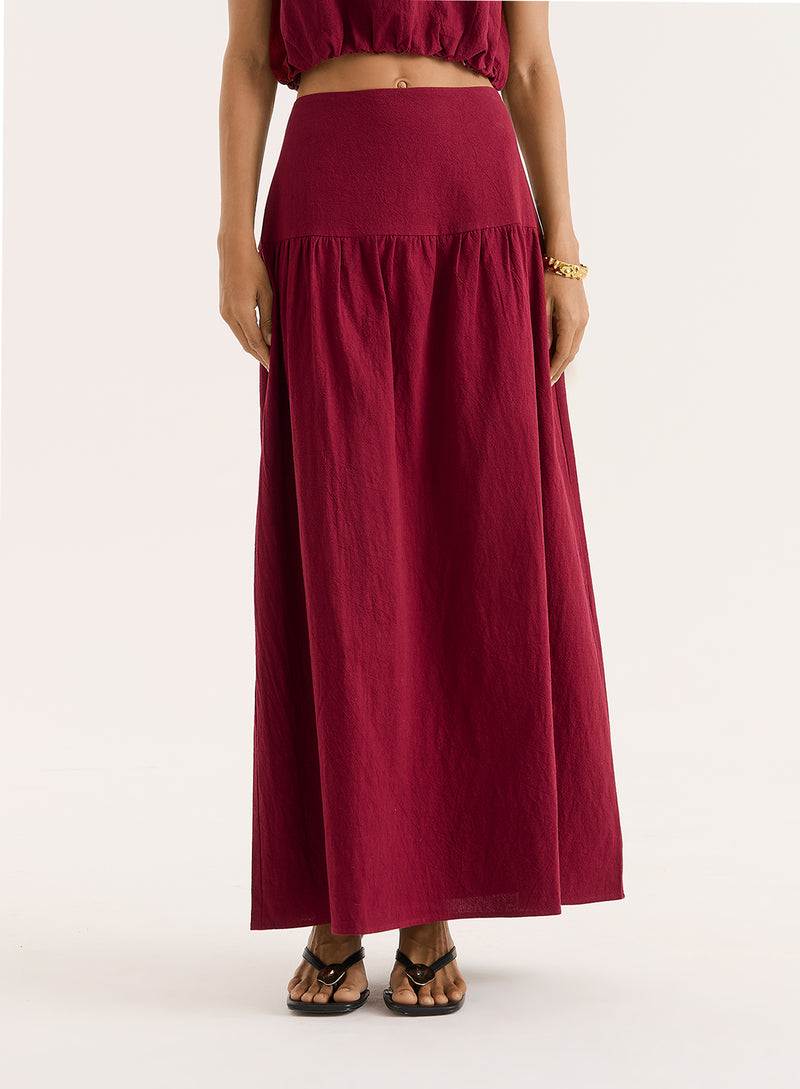 Burgundy Cotton Drop Waist Maxi Skirt- Selene