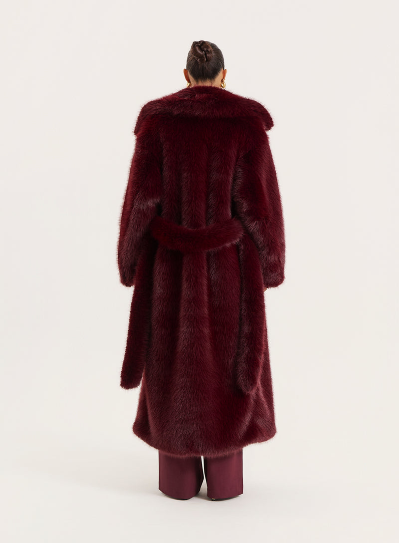Burgundy Faux Fur Belted Longline Coat