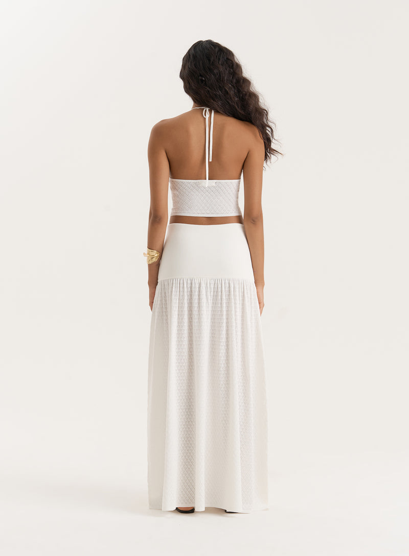 White Contrast Knit Drop Waist Maxi Skirt- Avani