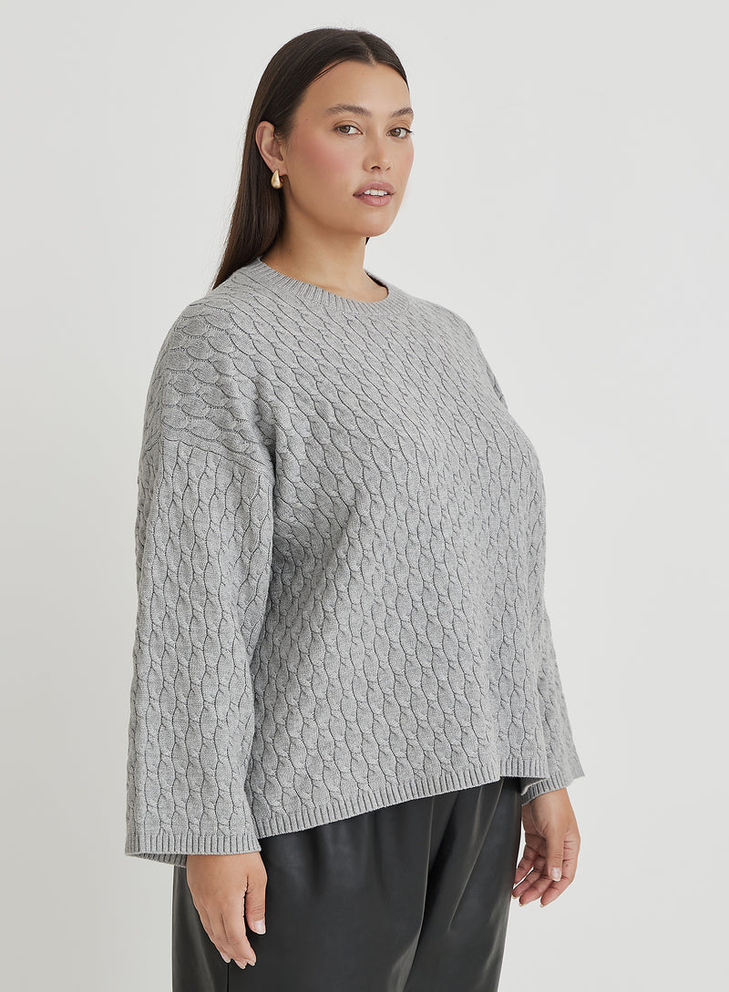 Grey Plus Size Cable Knit Jumper With Scarf- Gabriel