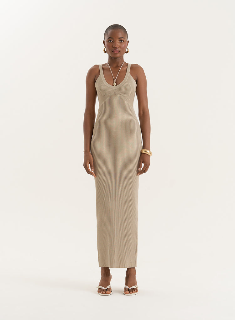 Beige Knitted Halterneck Detail Maxi Dress- Dion