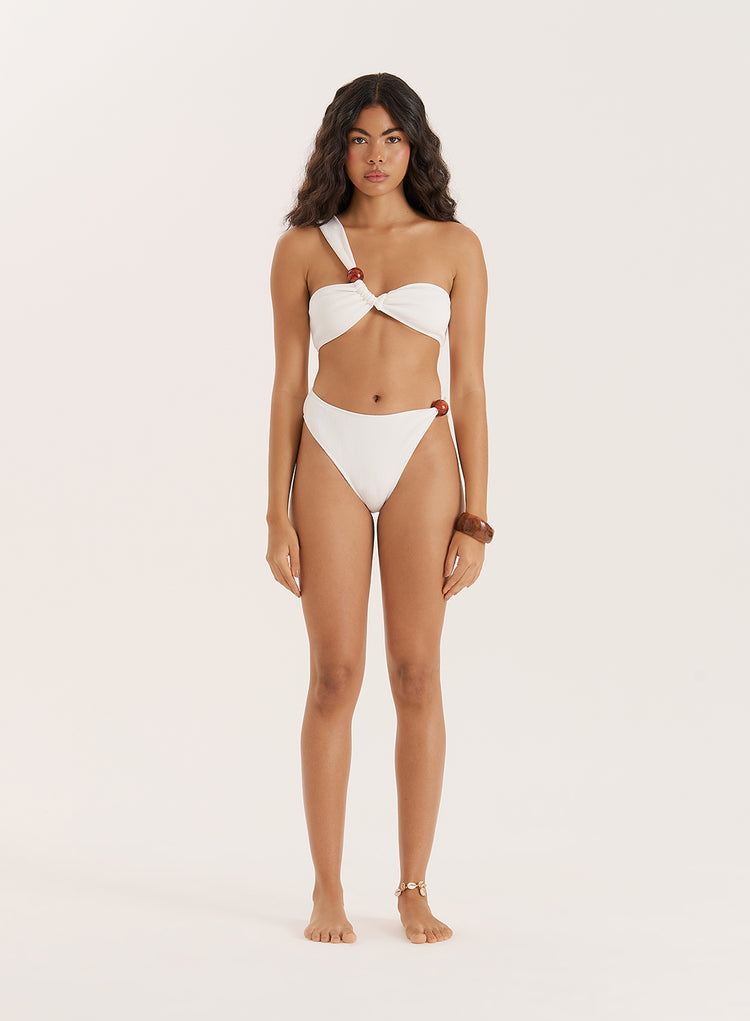 White Crinkle Bead Detail Bikini Bottom- Paula