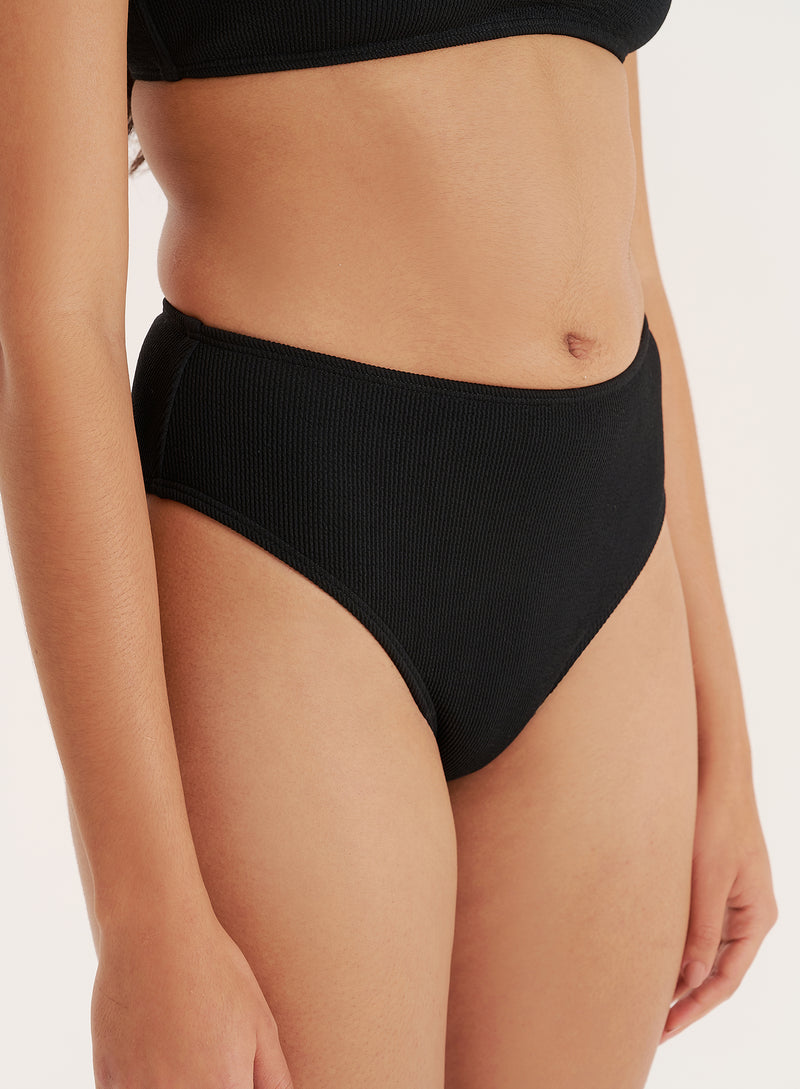 Black Crinkle High Waisted Bikini Bottom- Rivia