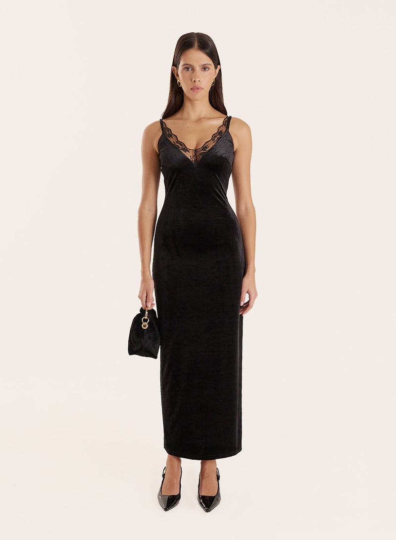 Black Velvet Lace Trim Midaxi Dress- Lilou