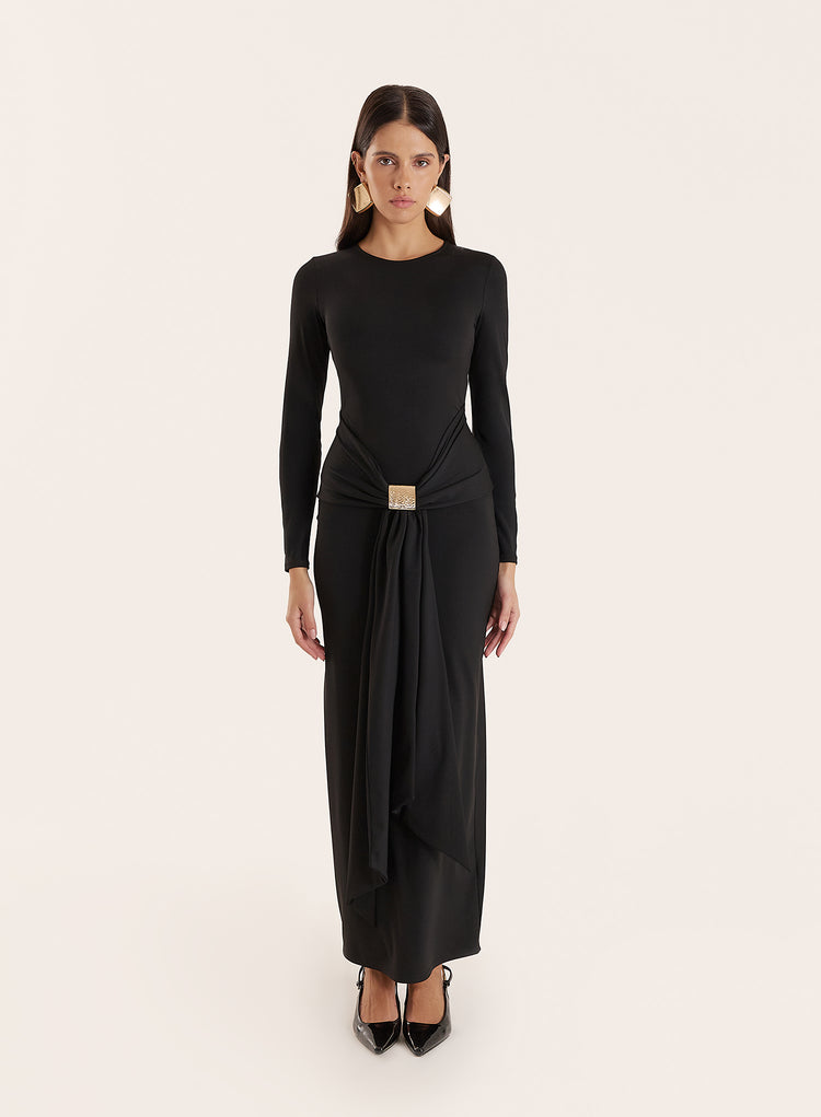 Black Jersey Hardware Waist Detail Maxi Dress- Mel