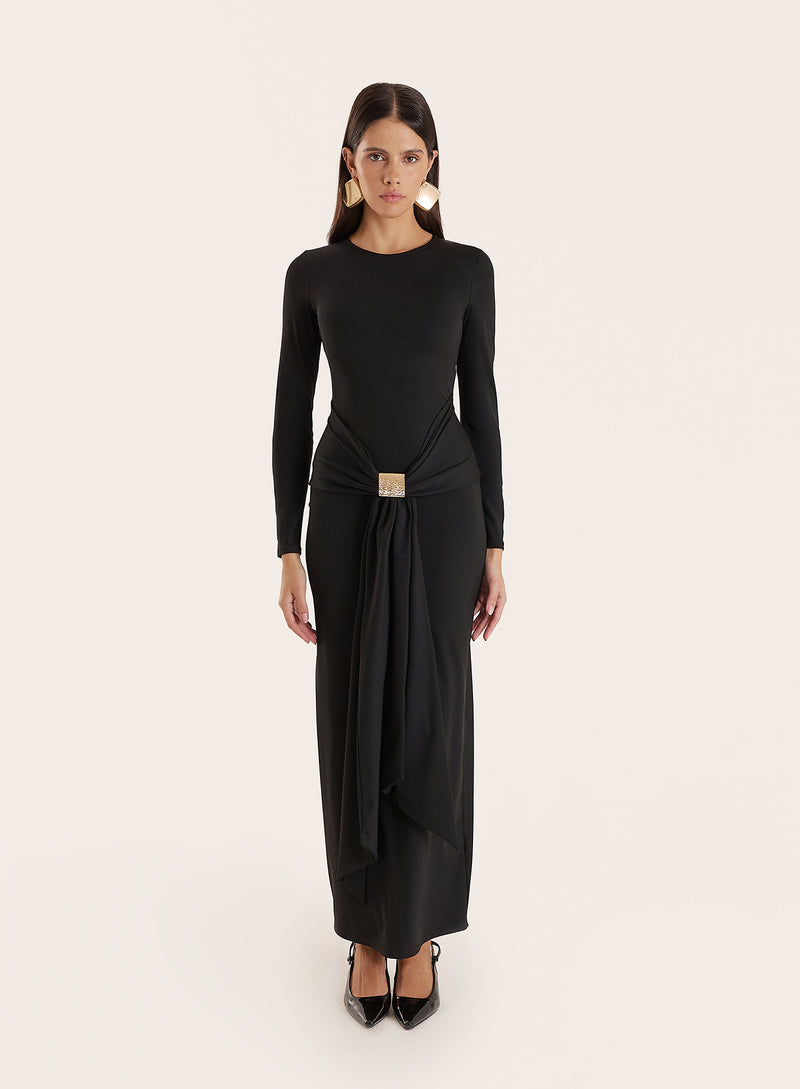 Black Jersey Hardware Waist Detail Maxi Dress- Mel