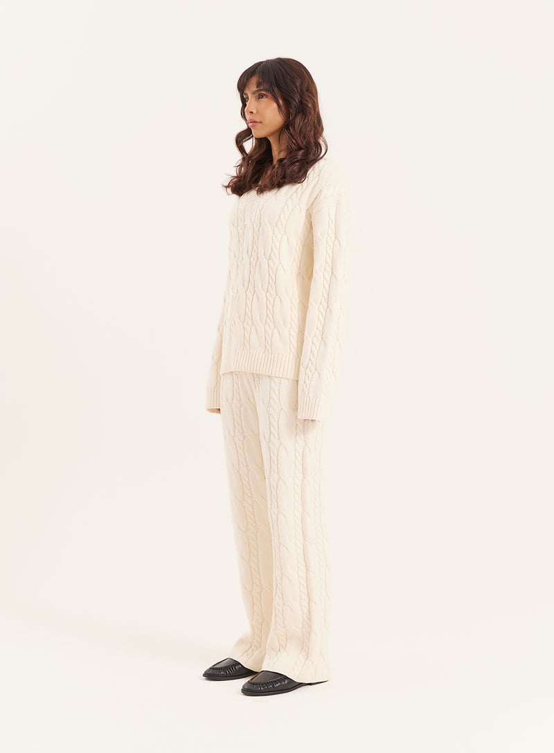 Cream Cable Knitted Trousers- Jordan