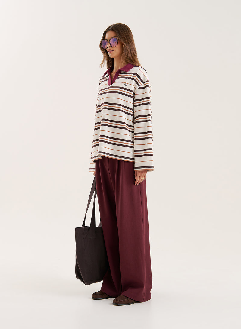 Cream And Chocolate Stripe Contrast Collar Rugby Top- Hailey
