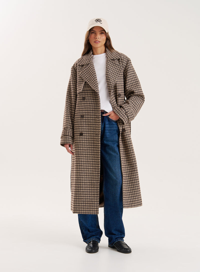 Brown Checked Belted Wool-Blend Trench Coat- Tabi