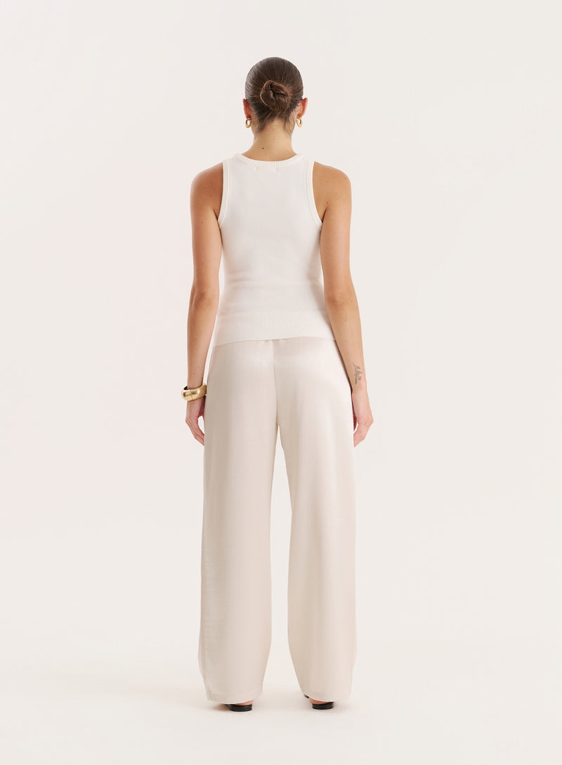 Cream Satin Elasticated Waist Wide Leg Trouser- Shelby