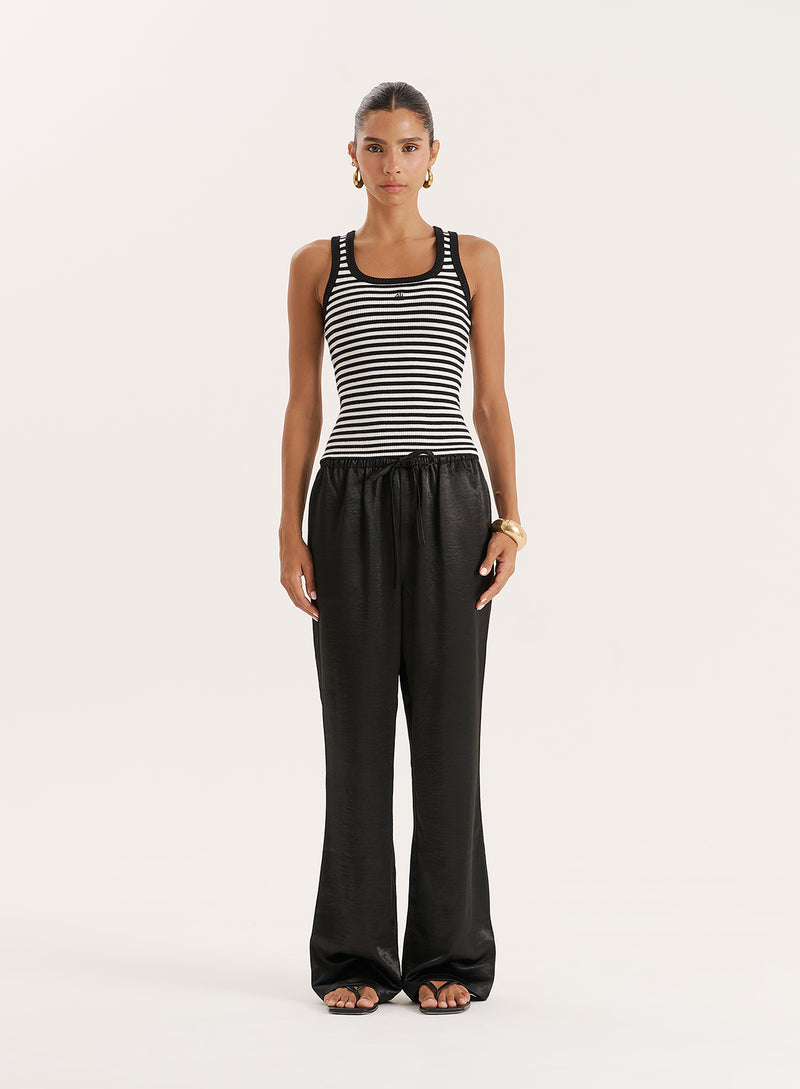 Black Satin Tie Waist Wide Leg Trouser- Shelby