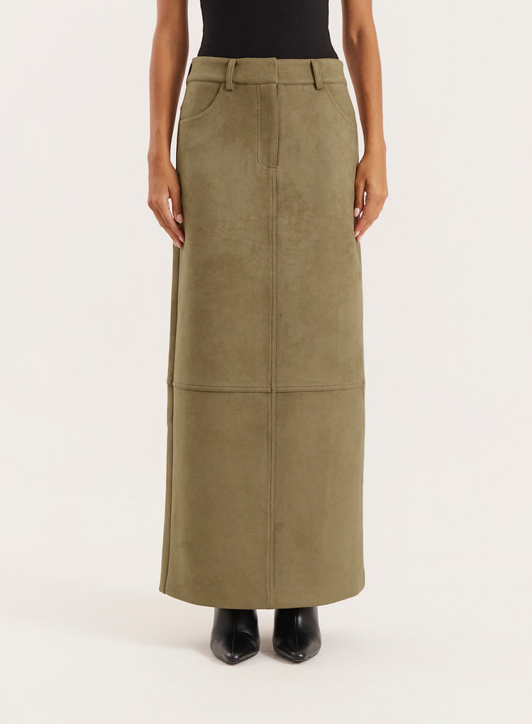 Olive Faux Suede Maxi Skirt