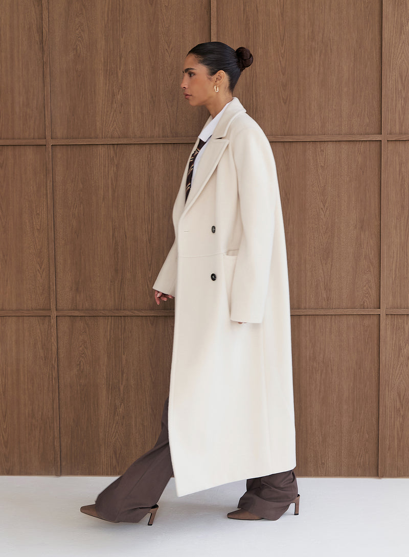Cream Wool Double-Breasted Coat- Melia