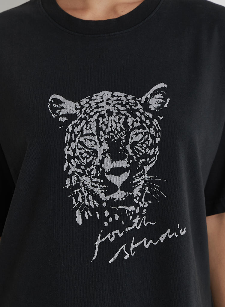 Black Acid Wash Leopard Motif T-Shirt- Leo