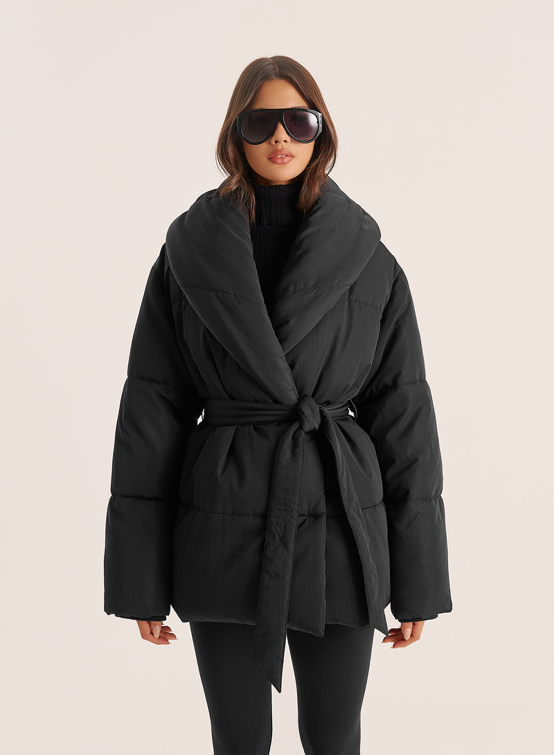 Black Wrap Waist Belted Puffer Coat