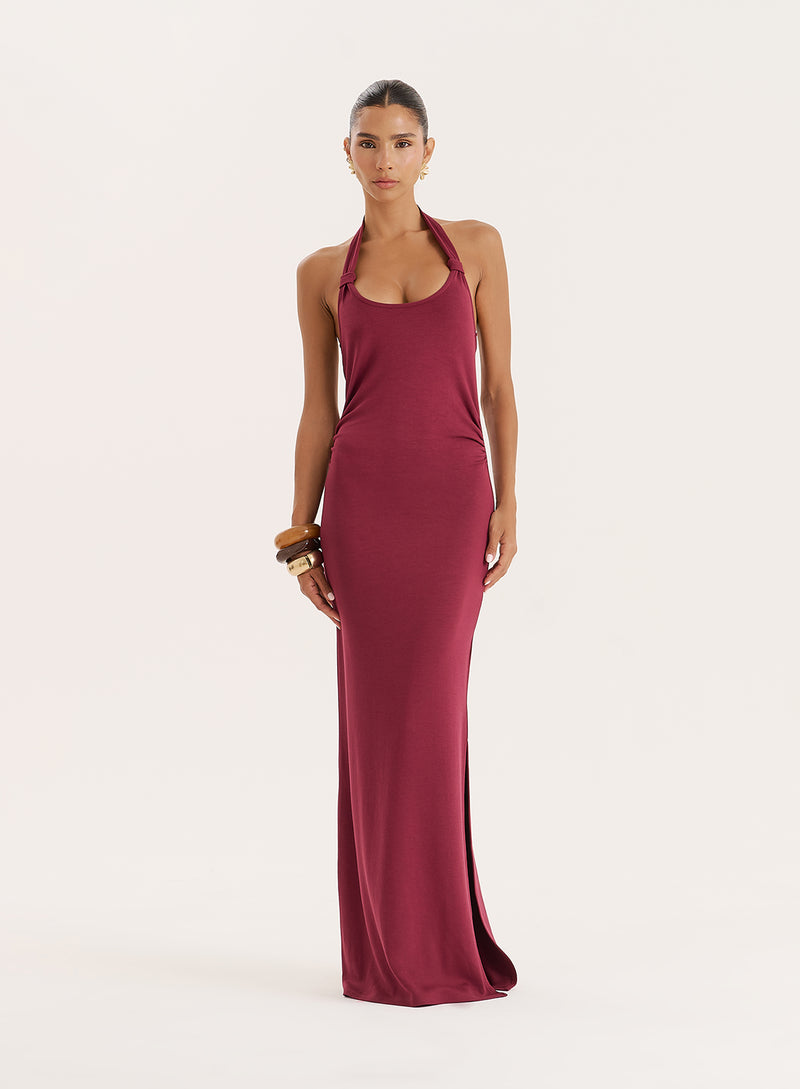 Plum Knot Detail Halterneck Jersey Maxi Dress- Evie