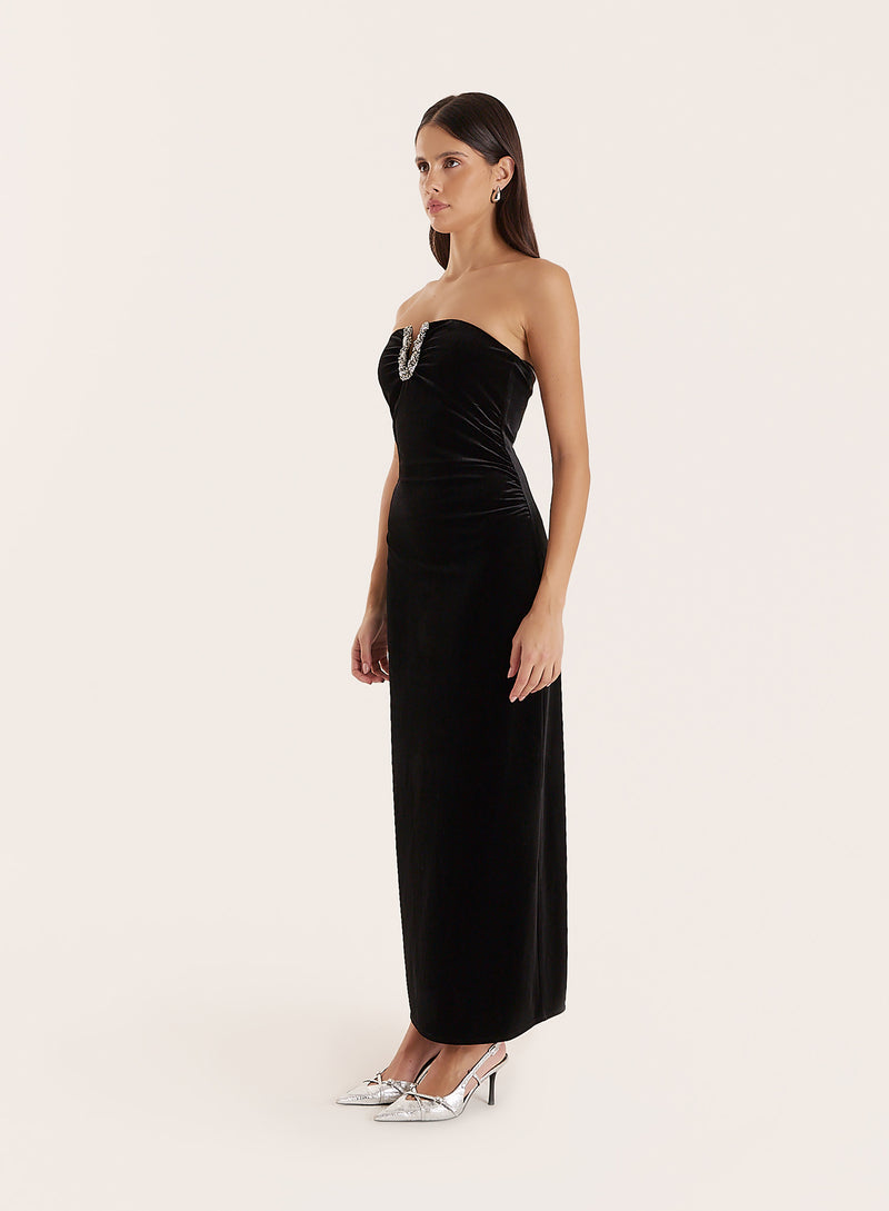 Black Embellished Velvet Midaxi Dress- Vera