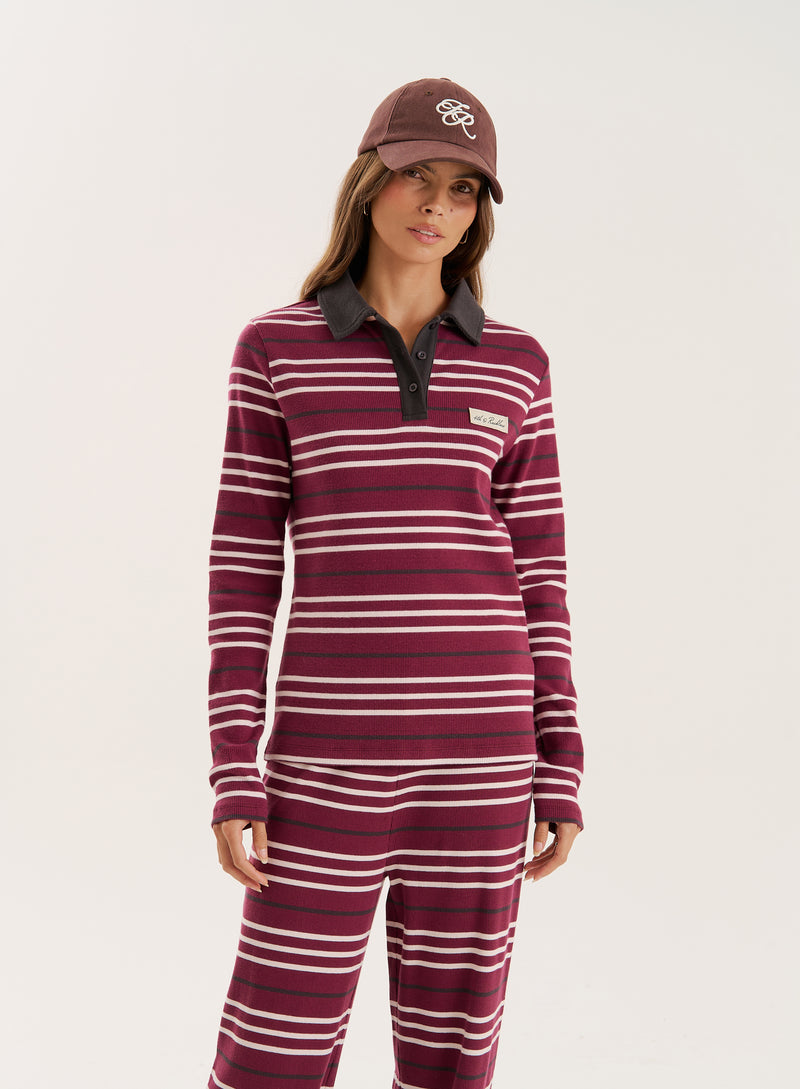 Burgundy Striped Fine Ribbed Jersey Longsleeve Top- Liliana