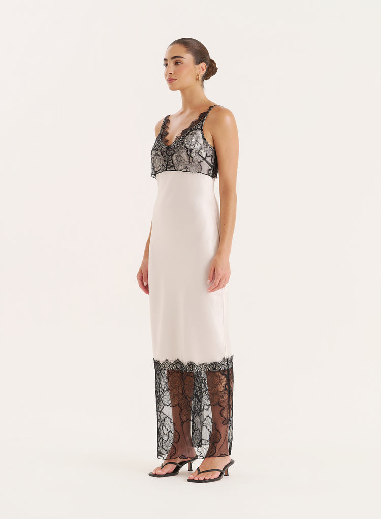 Cream Satin Lace Trim Maxi Dress- Smythson