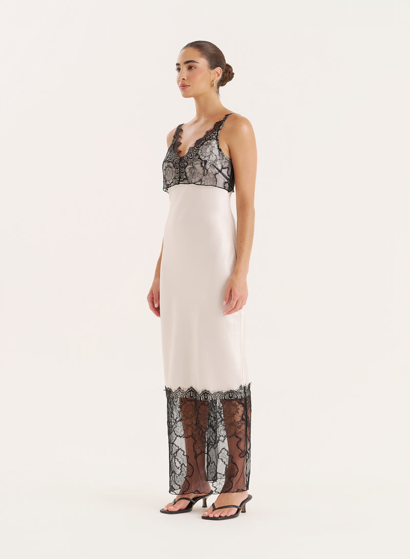 Cream Satin Lace Trim Maxi Dress- Smythson
