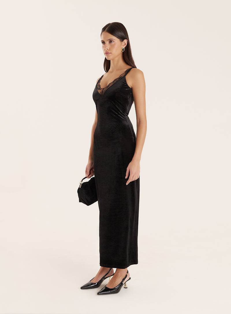 Black Velvet Lace Trim Midaxi Dress