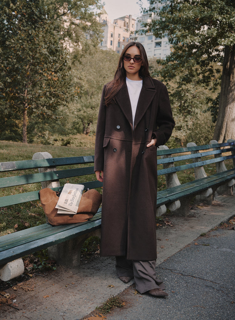 Chocolate Wool Double-Breasted Coat- Melia