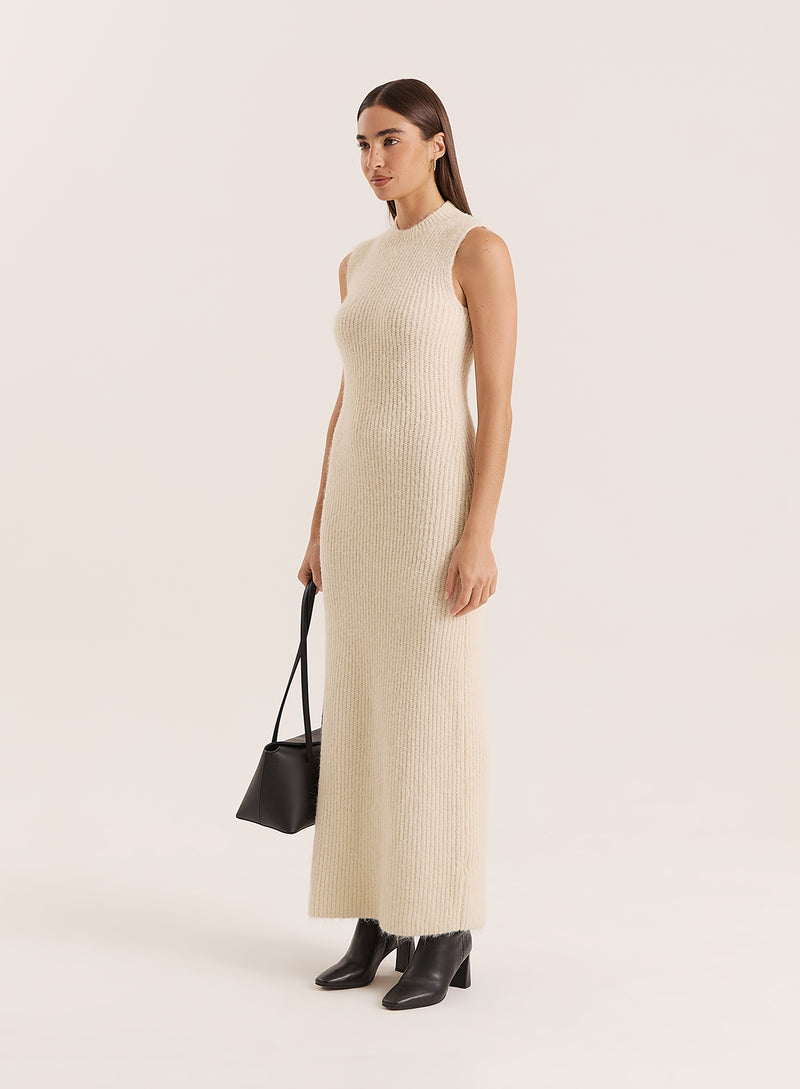 Beige High Neck Knitted Sleeveless Dress- Gillian