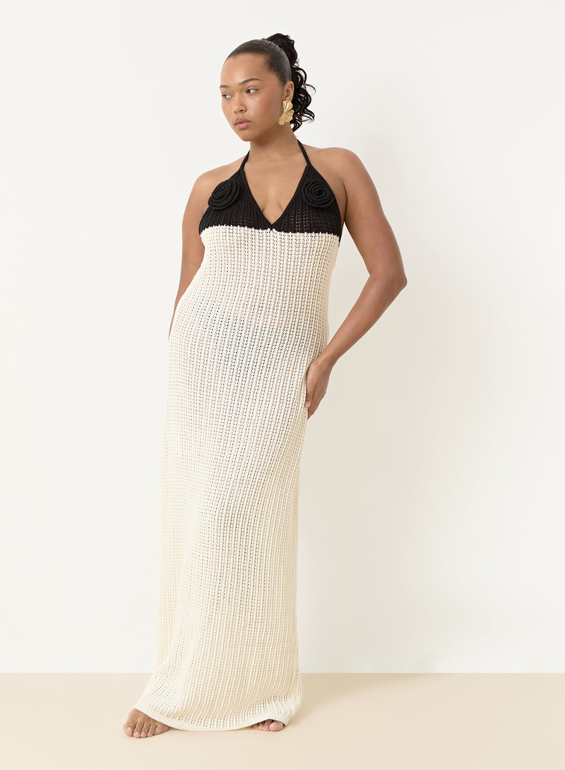 Cream And Black Knit Corsage Maxi Dress- Orchid