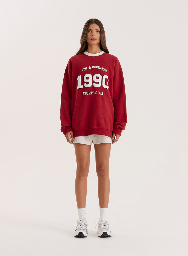 Red Contrast Trim Slogan Classic Longline Sweatshirt- Atlas