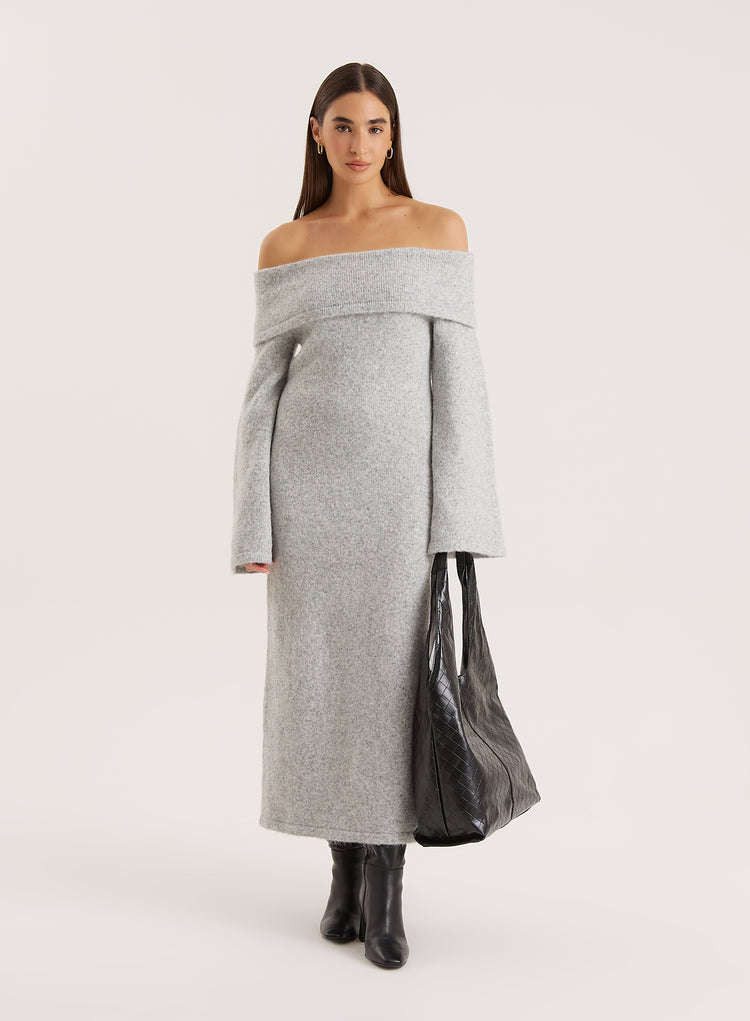 Grey Off Shoulder Knitted Maxi Dress- Sable